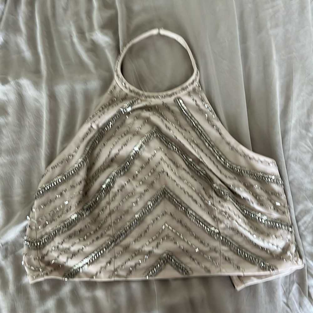 Aidan Mattox Beaded Tan Beige Halter Crop Top